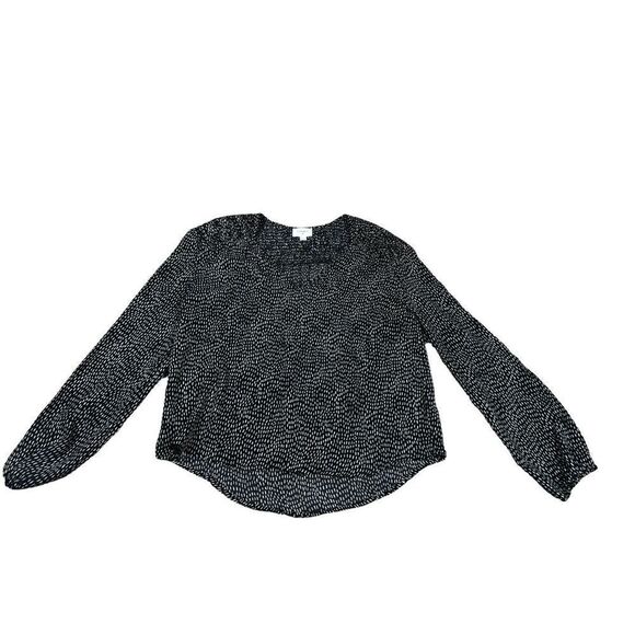 Anthropologie Everly Smocked shoulder black/tan dot v-neck l/sleeve blouse Small - Picture 6 of 7